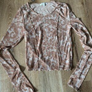 Paisley brown mesh long sleeve‎ top with lettuce hem size medium
